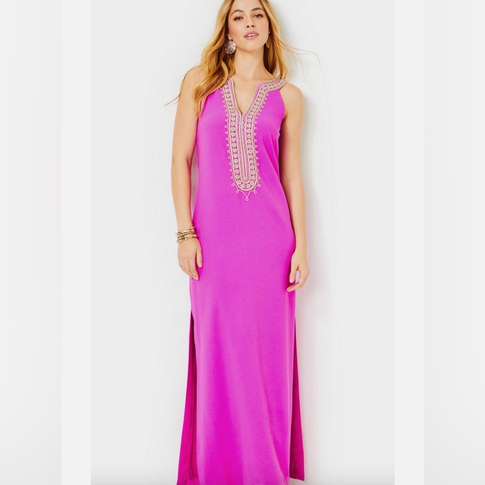NWT Lilly Pulitzer Sandrah Embroidered Maxi Dress Wild Fuchsia Gold Trim Size 12